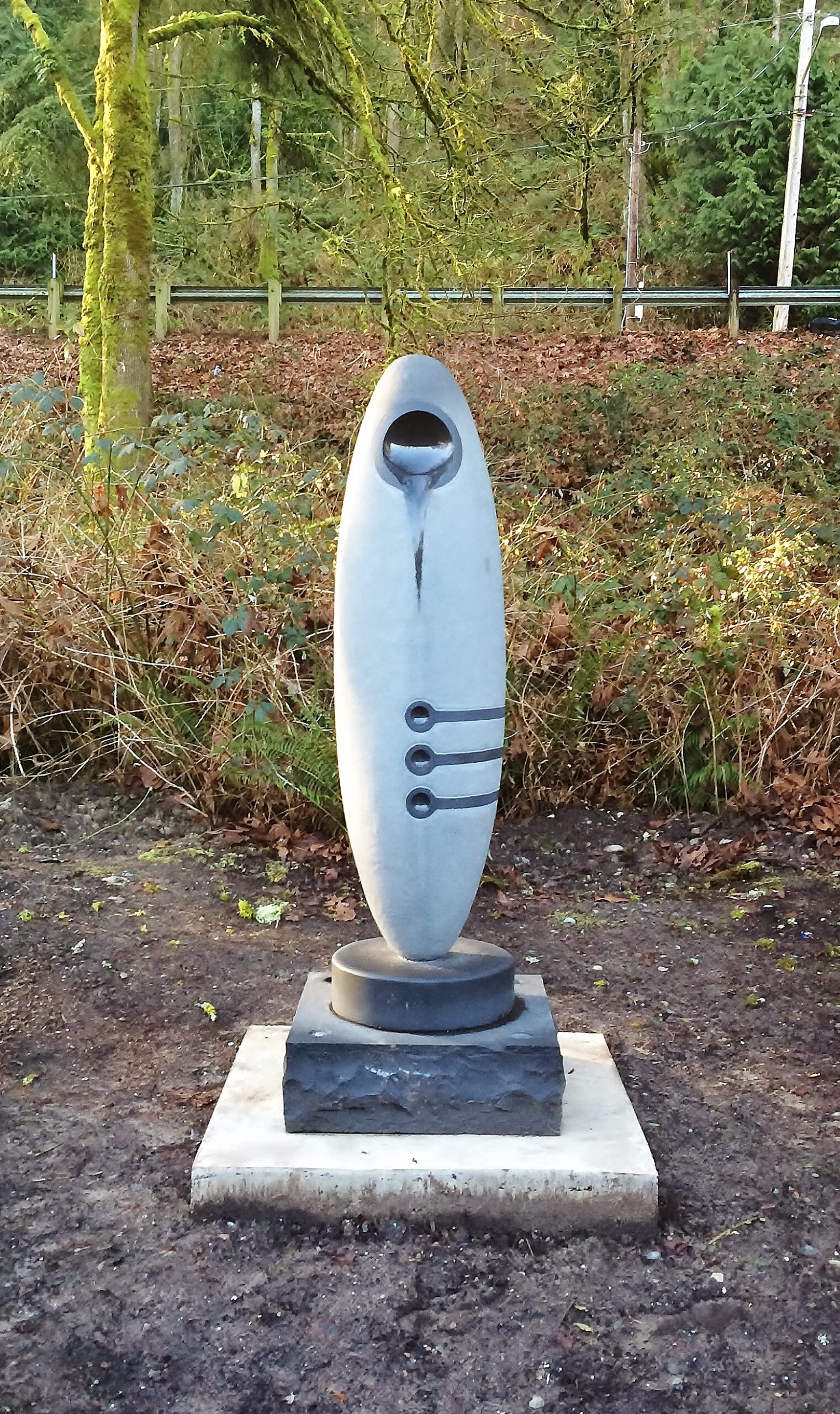 “Graceful Elegance”, Columbia basalt, 6’ tall, 2016, installed at Newport Way Library in Bellevue, Washington. This was for a memorial of a lady that had passed away. The redundant title is based on the most frequently used words when I conducted several interviews with the deceased friends and family.